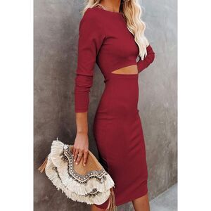 Cut Out Long Sleeve Bodycon Midi Dresses Casual Knit Cocktail Dress Sz XL